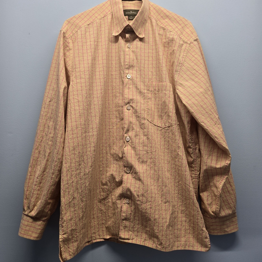 Ermenegildo Zegna Shirt Mens L Yellow Pink Plaid Button Up Italy Dress Work